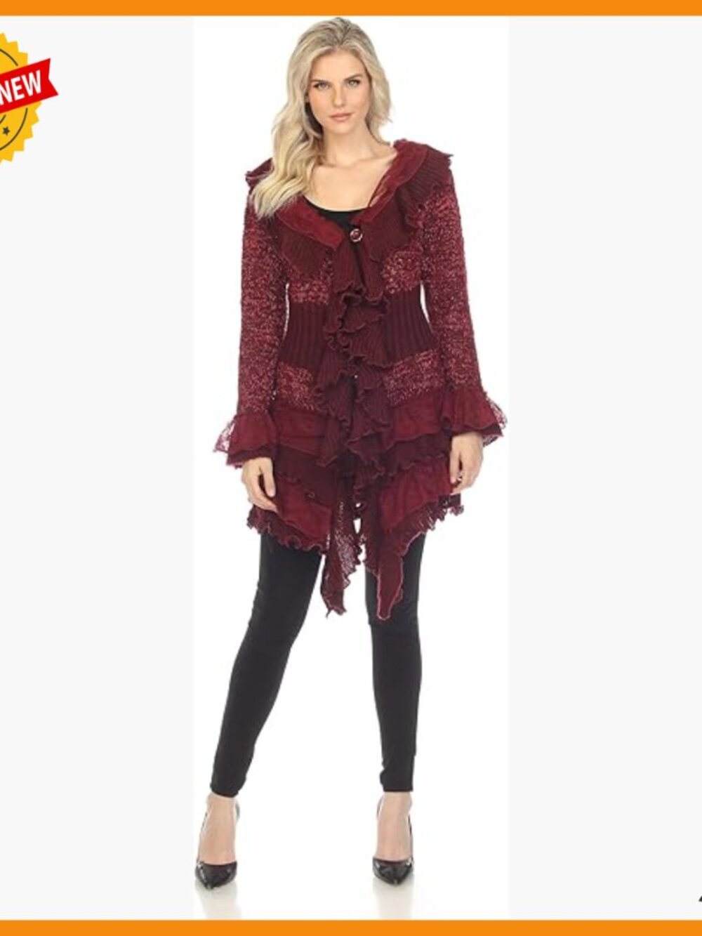 Long Sleeve Crochet Knit Cardigan Sweater with Bell Sleeves and Ruffles